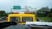 In a car service truck driving into the city of Belgrade (Serbia)