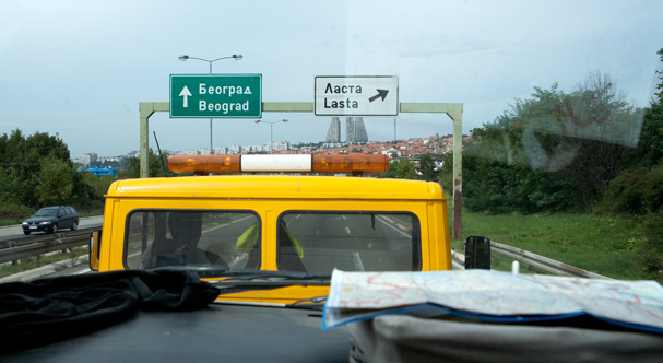 In a car service truck driving into the city of Belgrade (Serbia) In a car service truck driving into the city of Belgrade (Serbia)